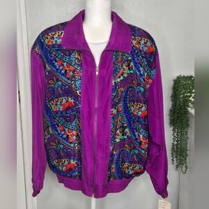 NWT Vintage 80s/90s Silk Paisley Windbreaker Jacket - Purple Retro - Size PL